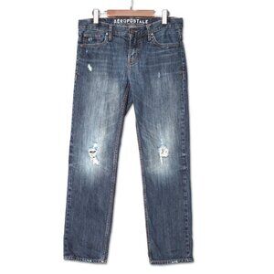 Aeropostale Bowery Slim Straight Jeans Dark Denim Distressed Mid Rise Casual 31